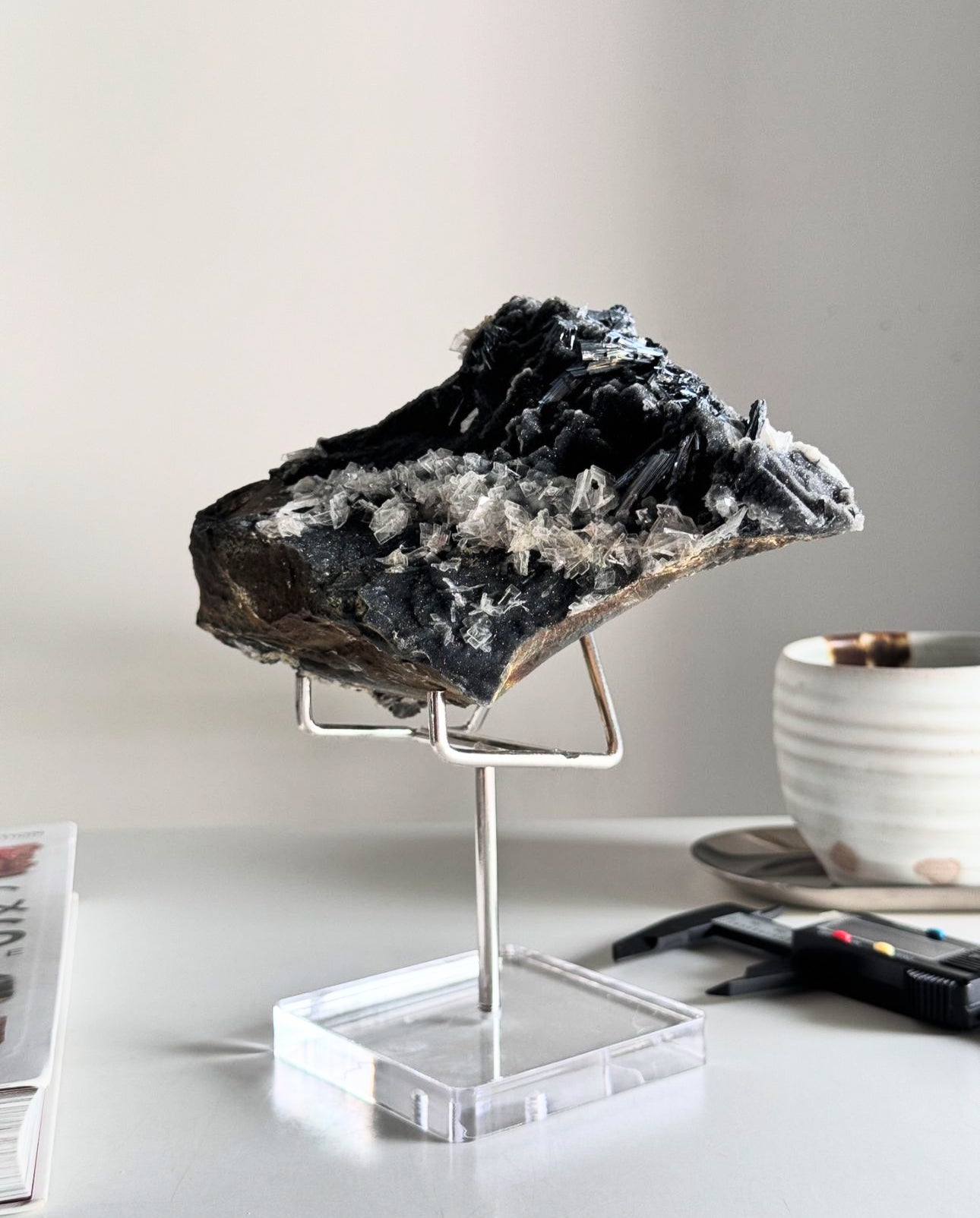 Stibnite + Calcite on Black Druzy Quartz