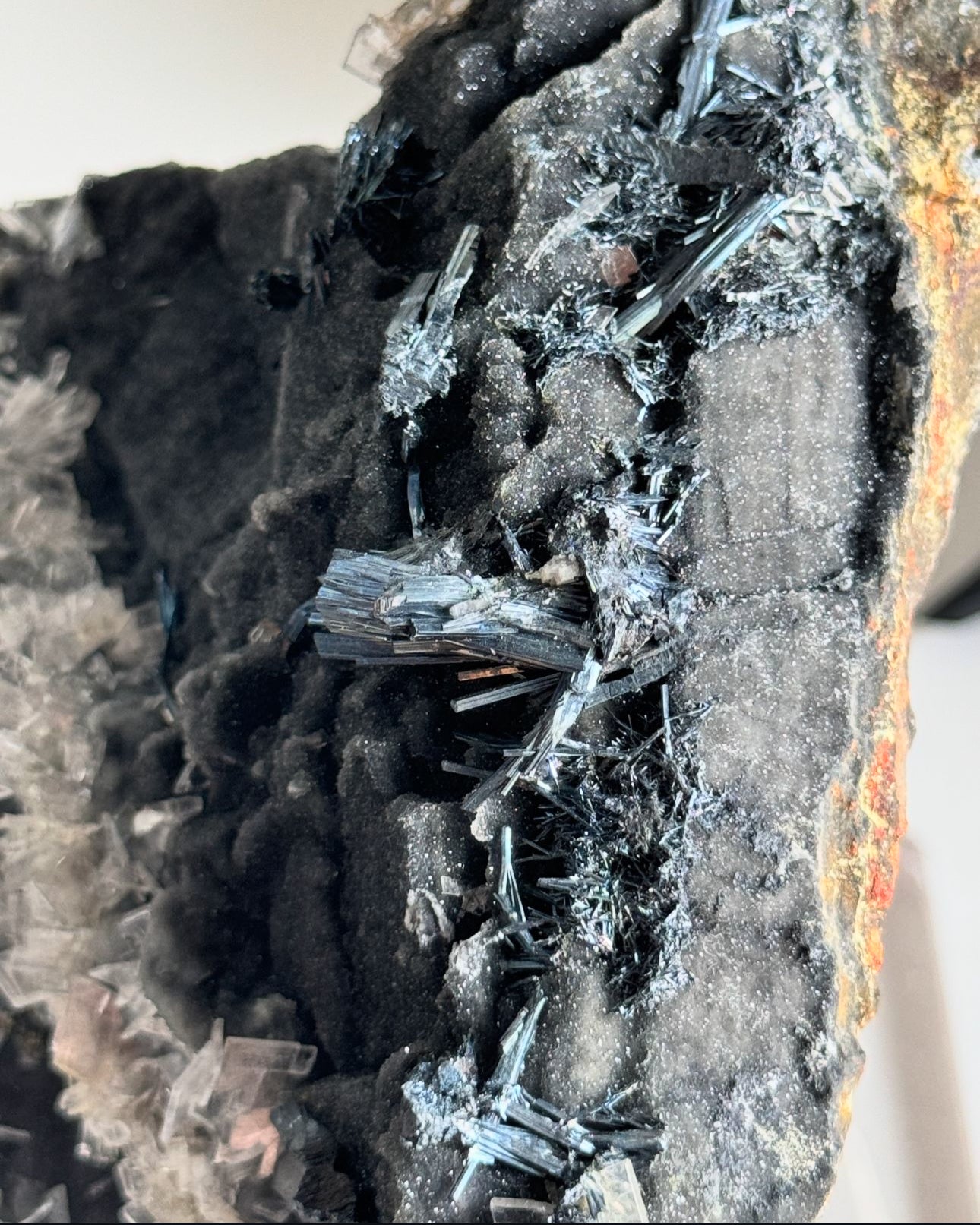 Stibnite + Calcite on Black Druzy Quartz
